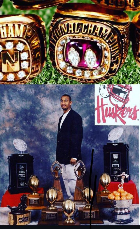 Nebraska championship rings and a championship trophy portrait collage