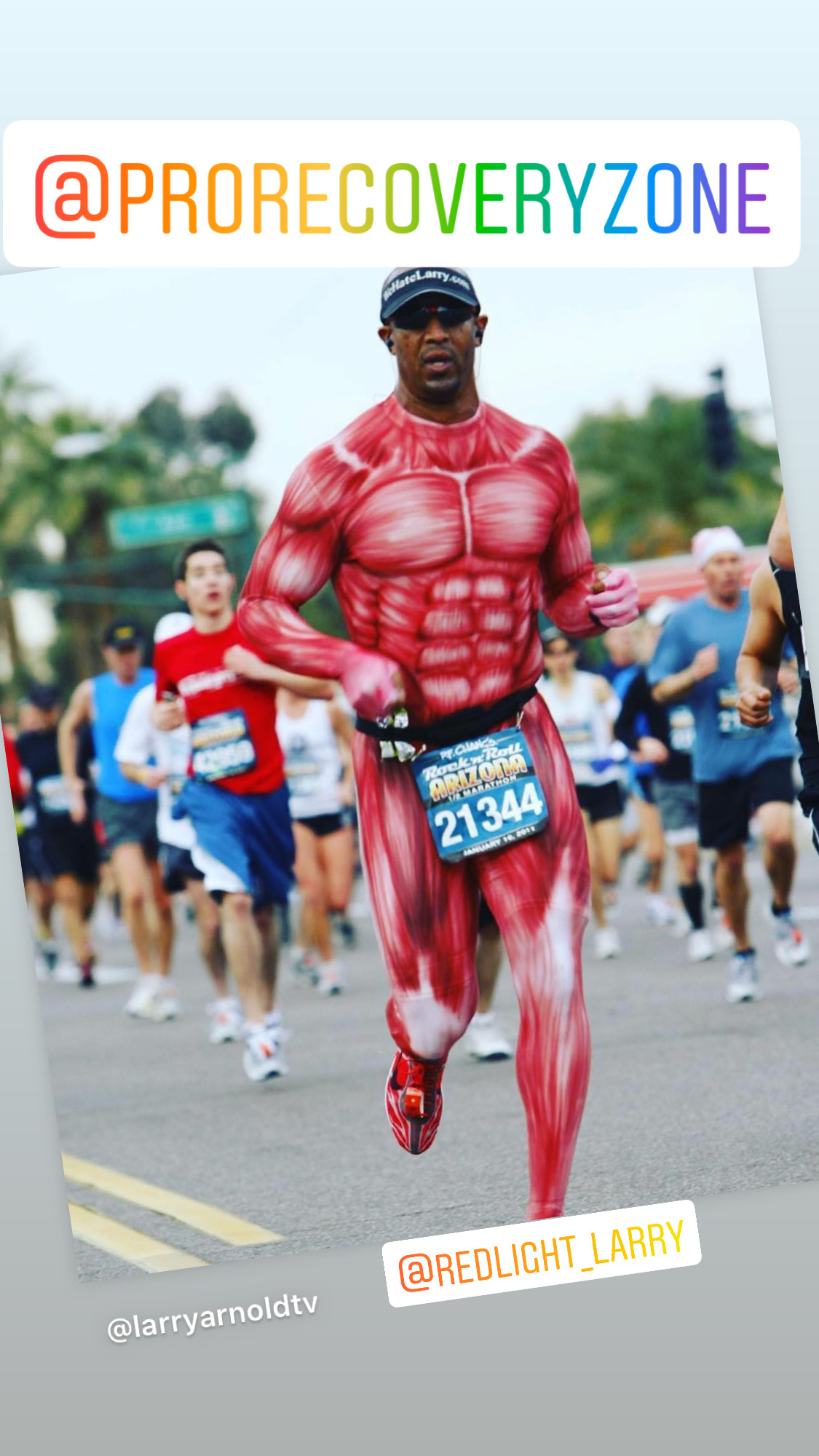 Larry Arnold running a race in a muscle anatomy costume