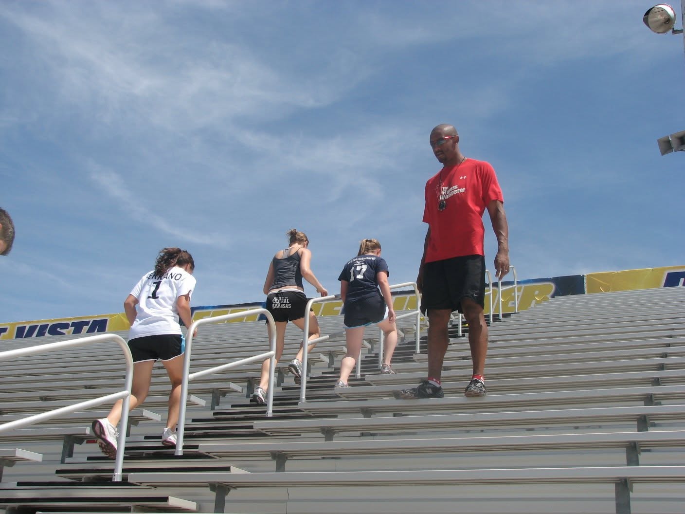 Footwork practice on the bleacher steps.